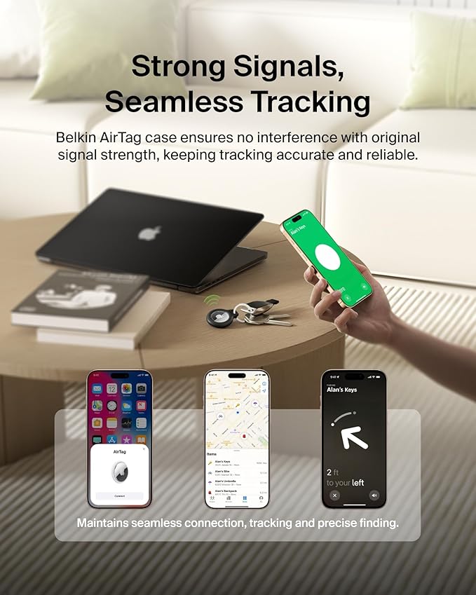 Belkin Apple AirTag Secure Holder with Key Ring - Durable, Scratch-Resistant Case with Open Face & Raised Edges - Protective AirTag Keychain Accessory for Keys, Pets, Luggage, & More - Black