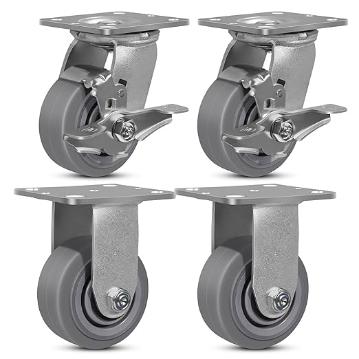 4"x2" Rubber Wheels (Flat Tread)- Heavy Duty Casters, Industrial Caster Wheels- Set of 4 with up to 2800 LB Capacity- Use for Dollies, Workbench(2 Brake &2 Rigid)
