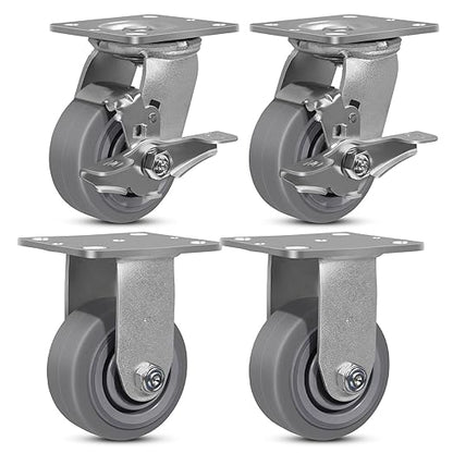 4"x2" Rubber Wheels (Flat Tread)- Heavy Duty Casters, Industrial Caster Wheels- Set of 4 with up to 2800 LB Capacity- Use for Dollies, Workbench(2 Brake &2 Rigid)