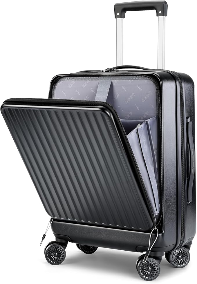 Lekebobor Carry On Luggage 22x14x9 Airline Approved, 20 Inch Hard Shell Suitcase with TSA Lock, Front Pocket & Spinner Wheels for Business Travel, Black