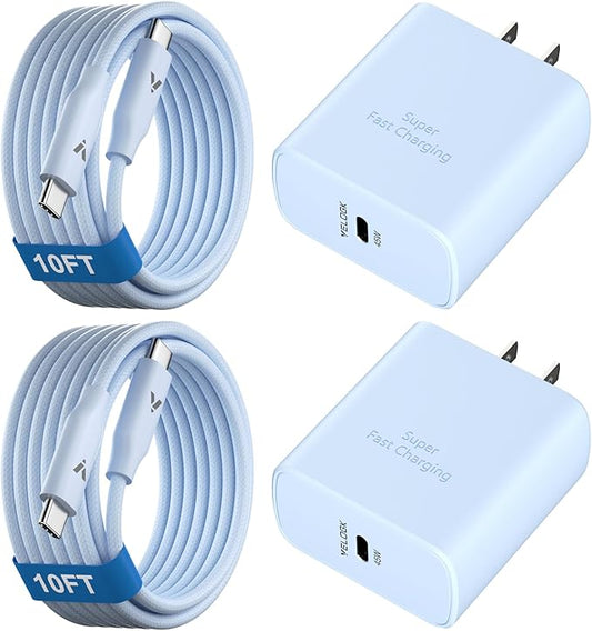45W Super Fast Charger USB C, 45 Watt Type-C Android Phone Charger Fast Charging Block with 10FT Type C Cords for Samsung Galaxy S25 Ultra/S24 Ultra/S24+/S23 Ultra/S22 Plus/S20, Tab S9/S8 Ultra(Blue)