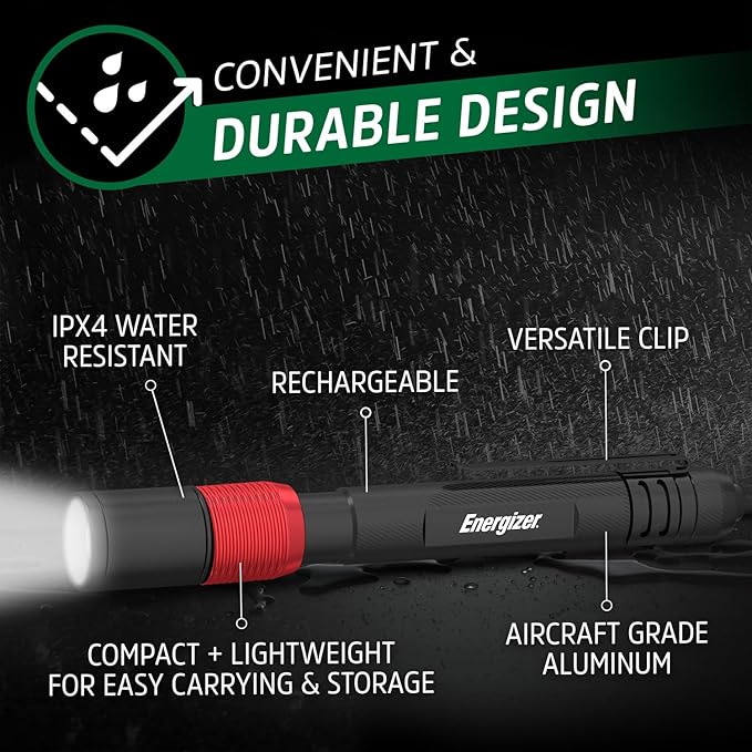 Energizer X-400 Pen light Flashlight Rechargeable, Bright Penlight IPX4 Water-Resistant, Lightweight and Durable, Rechargeable Flashlight, USB Charging Cable Included
