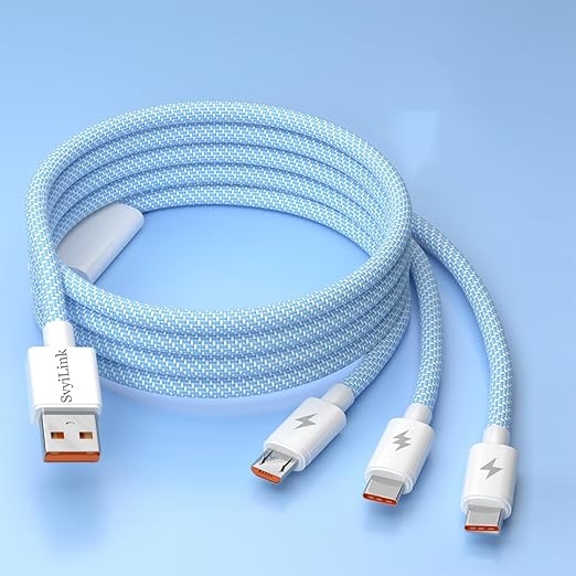 USB Cable PD Fast Charger (USB 3IN1 Braid Blue),Phone Data Cable, Fast Charging Cable, 120cm, Density-Mixed Braided Body, Compatible with Almost All Phones, Tablets, Headphones, and More.