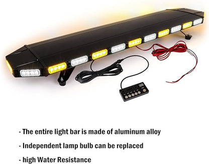 48" Extreme Bright Intensity Construction Detachable Emergency Warning Strobe Light Bar Waterproof Rooftop Low Profile Law Enforcement Hazard Flashing for Tow Truck Vehicle (Amber/White/Amber)