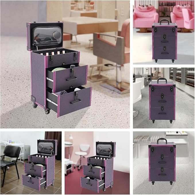 Rolling Makeup Case w/ 4 Keys, 3-tier Lockable Makeup Train Case w/ Drawers, Detachable Nail Polish Organizer, Wheeled Travel Cosmetic Case w/ 3-gear Telescopic Rod, 14.1*9*22.4in, Black Latch+Purple