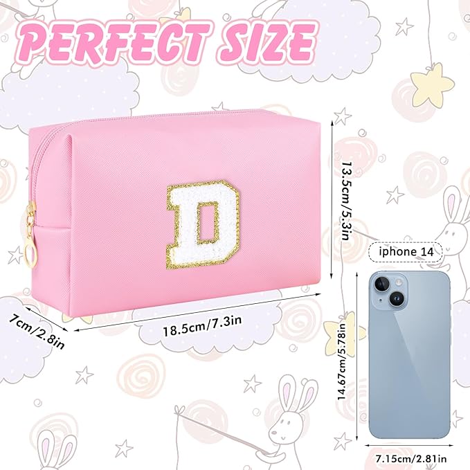 Initial Makeup Bag Personalized Preppy Travel Small PU Cosmetic Bag Pink Makeup Pouch Zipper Toiletry Organizer for Women Girls Mom Friend Bridesmaid Teacher Sister Prom Christmas Gift（D）