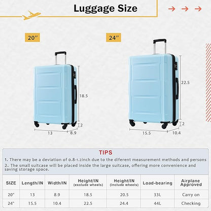 Merax Luggage Sets 2 Piece Suitcase Set, Hardshell 20 IN & 24 IN Suitcase Set with Duffel Bag, Travel Suitcases with Spinner Wheels and TSA Lock(Light Blue)