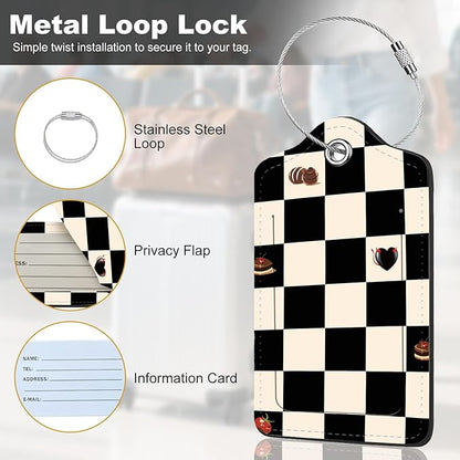 2Pack Luggage Tags for Suitcases, Cute Unique Pu Leather Cruise Luggage Tag with Privacy Cover ID Label Address Card and Metal Ring Suitable for Women Men Kids Travel Bag Beige Black Plaid