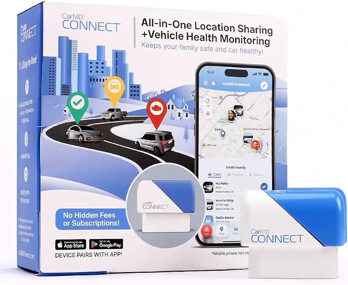 CarMD Connect – Real-Time Vehicle Location Sharing + Vehicle Health Monitoring | No Subscription | AI Auto Expert | Safety Alerts | Geofencing | Works on 1996+ OBDII Cars and Light Trucks