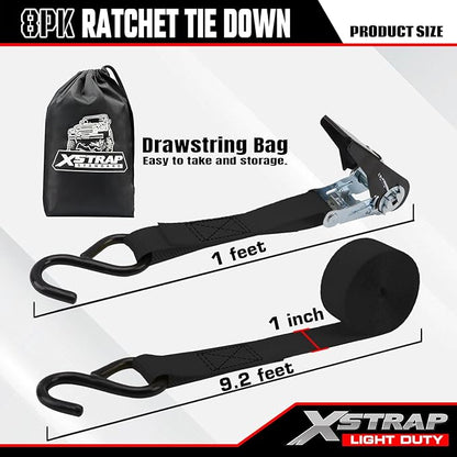 XSTRAP STANDARD Ratchet Tie Down Straps 8PK 1'' x 10 ft - 900 LB Break Strength Cargo Straps for Moving Appliances, Lawn Equipment, Motorcycle (Black)