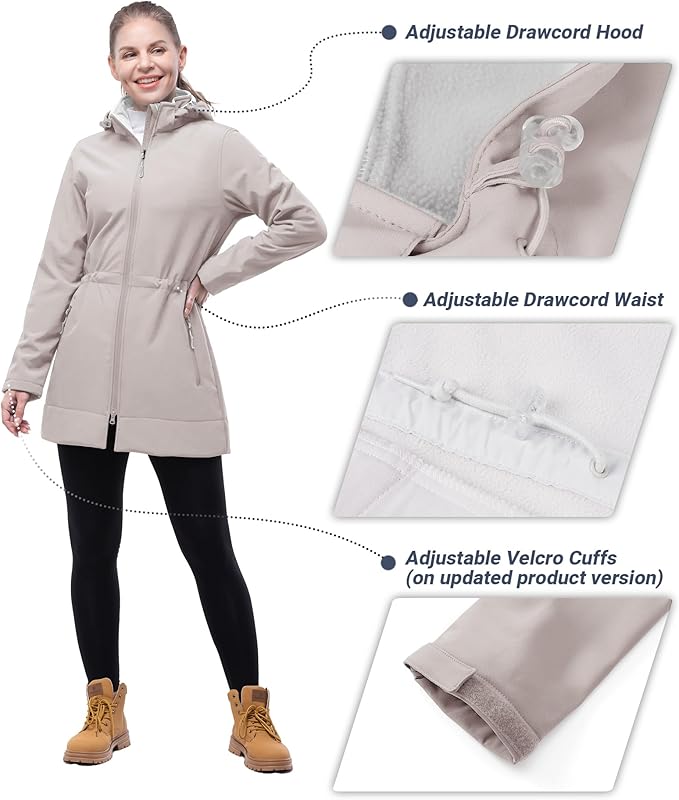 Outdoor Ventures Women's Softshell Jacket with Removable Hood Fleece Lined Windbreaker Insulated Long Warm Rain Jacket