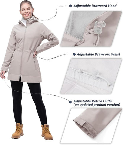 Outdoor Ventures Women's Softshell Jacket with Removable Hood Fleece Lined Windbreaker Insulated Long Warm Rain Jacket