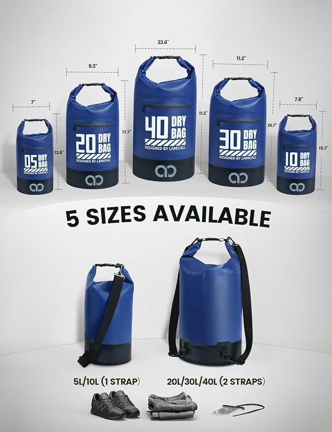 Lamicall Dry Bag, Waterproof Bag - [Durable & Floating] 5L/10L/20L/30L/40L Roll Top Drybag with Water Proof Phone Pouch for Travel Swimming Boating Kayaking Paddle Board Camping Beach Accessories