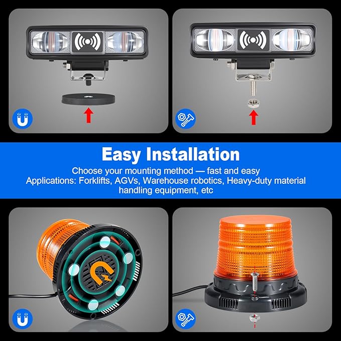 Radar Motion Alarm System Safety Warning, Magnetic Forklift Safety Light 3‑Pack with Radar Sensor, Flashing LED Amber Strobe Light with Voice Alarm for Enhanced Warehouse Safety, DC 12–100V