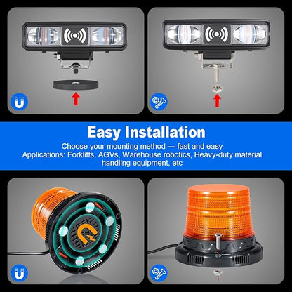 Radar Motion Alarm System Safety Warning, Magnetic Forklift Safety Light 3‑Pack with Radar Sensor, Flashing LED Amber Strobe Light with Voice Alarm for Enhanced Warehouse Safety, DC 12–100V