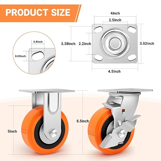 5"x2" Caster Wheels Heavy Duty - Industrial Grade Casters with Upgraded Thickened Bracket Set of 4, Polyurethane Wheel Capacity up to 3500 lbs, Plate Swivel Caster(2 Brake & 2 Rigid)
