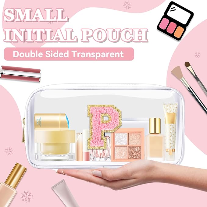 Small Clear Personalized Initial Makeup Bag, Preppy Nylon A-Z Chenille Letter Patch Makeup Organizer TSA Approved Travel Toiletry Bag,Waterproof Zip Beach Cosmetic Pouch Purse for Women(White-Pink P)