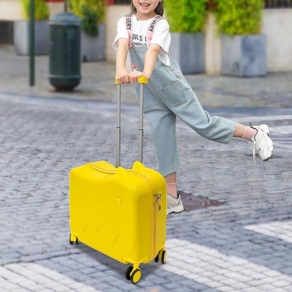 18" Ride-On Kids Suitcase with Double Spinner Wheels, Lightweight Tow-Along Luggage Carry-on Hardside Trolly Case with Password Lock, Rolling Children's Travel Luggage for Travel, School (Yellow)