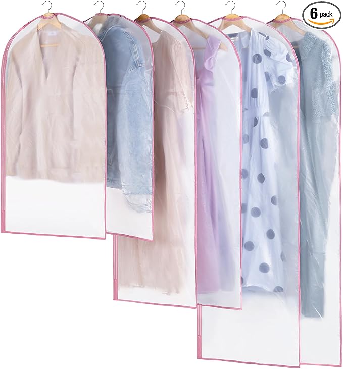 6 Pack Garment Bags for Hanging Clothes - Translucent Suit Bag for Closet Storage, Clothes Cover for Hanging Shirts, Dresses, Travel, Moving - Pink