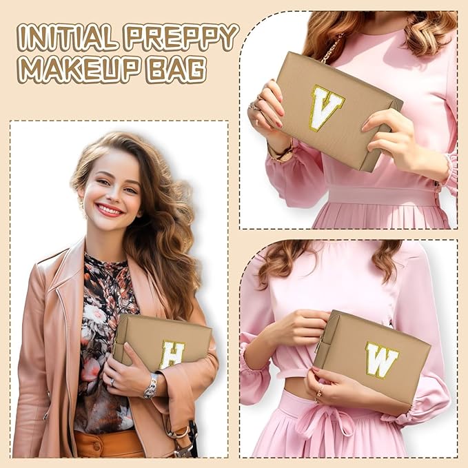 TOPEAST Personalized Makeup Bag, Chenille Letter Pouch Cosmetic Bag w Zipper, PU Leather Waterproof Toiletry Bag, Bridal Shower Gifts for Bridesmaids, Cute Stuff for Girls (Khaki P)