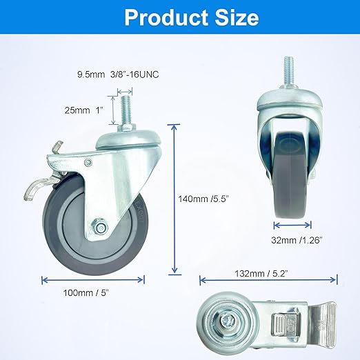 4 inch Swivel Caster Wheels Heavy Duty, 3/8"-16x1 Threaded Stem Casters Set of 4, Polyurethane Grey PU Wheels for Hospital, Lab, Furnitures,Restaurant