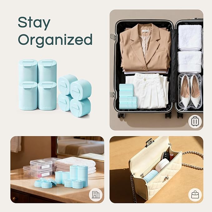 GIGIGO Magnetic Travel Containers Pale Cyan Set, 8-Pack Leakproof Refillable Cosmetic Capsules (0.68/1.69/3.04 fl oz) for Toiletries, Travel Size Jars with Lids & Labels for Skincare, Creams, Lotion