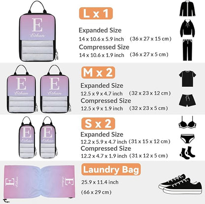 Custom 6 Set Compression Packing Cubes with Name Initial Personalized Compressible Expandable Packing Organizers Luggage Carry On Suitcase Bags Travel Accessories Gifts, Blue Pink
