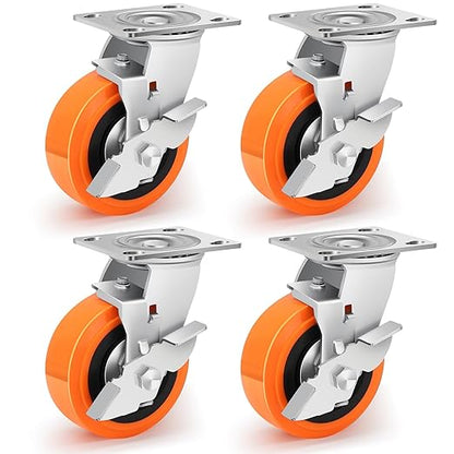 5 Inch Heavy Duty Casters - Industrial Casters with Upgraded Thickened Bracket Set of 4, Polyurethane Wheel Capacity up to 3500 lbs, Plate Swivel Caster Use for Indoor and Outdoor(4 Brake)