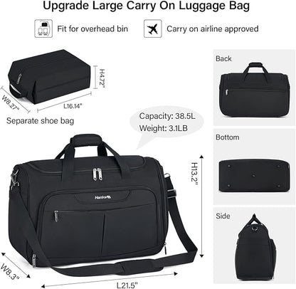 Hanke Carry On luggage Bags for Travel, Large Foldable Duffle Bag for Travel, Softside Lightweight Travel Bag Carry On Bags for Airplanes Women, Travel Tote Bags for Women Men.（Black）