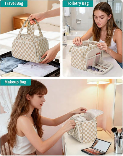 Narwey Large Travel Toiletry Bag, Wide-open Travel Bag for Toiletries, Toiletry Bags for Traveling Women, Cosmetic Make Up Makeup Bag Organizer with Wet Pocket, Skincare Bag (Light Checkerboard)