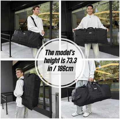 80L Waterproof Rolling Duffel Bag with Quick-Release Straps, Military Tactical Wheeled Foldable For Deployment Traveling Camping Sporting (Black)