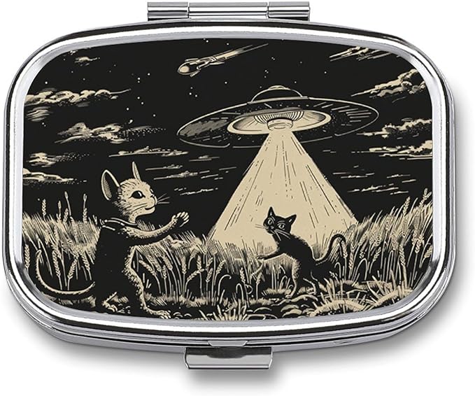 Metal 2 Compartment Pill Organizer Travel Friendly Portable Compact Pill Box Cute Pill Case,for Pocket Wallets Daily Portable Medicine Vitamin Tablet Storage (Mysterious cat)