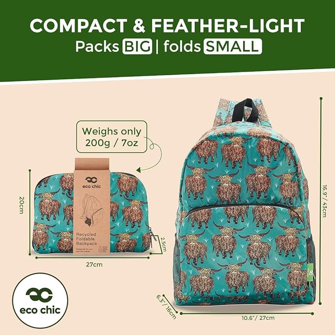 ECO CHIC Hiking Lightweight Packable Backpack - Foldable Daypack for Travel & Hiking & Outdoor Adventures - Waterproof Backpack from Recycled Materials (Highland Cow Teal)