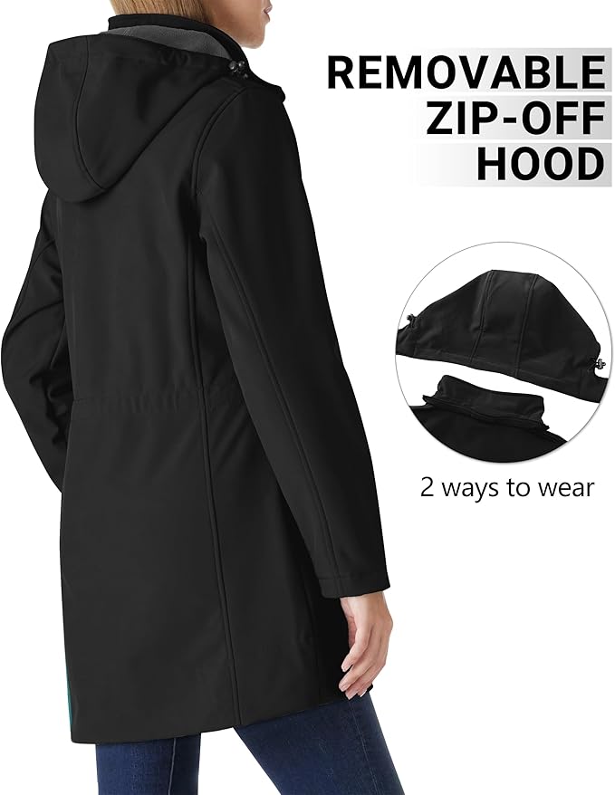 Outdoor Ventures Women's Softshell Jacket with Removable Hood Fleece Lined Windbreaker Insulated Long Warm Rain Jacket