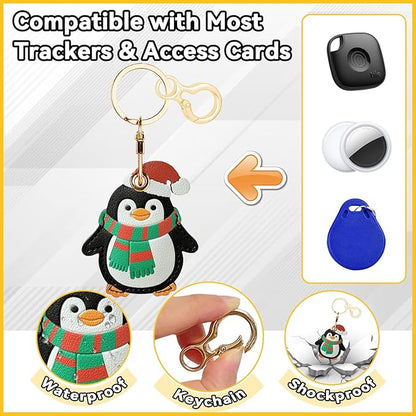 Leather Keychain for Airtag, Cute Protective Keychain Holder Compatible with Apple Air Tag,GPS Item Tracker Case Cover for Keys,Bags,Pets,Luggage(Penguin)