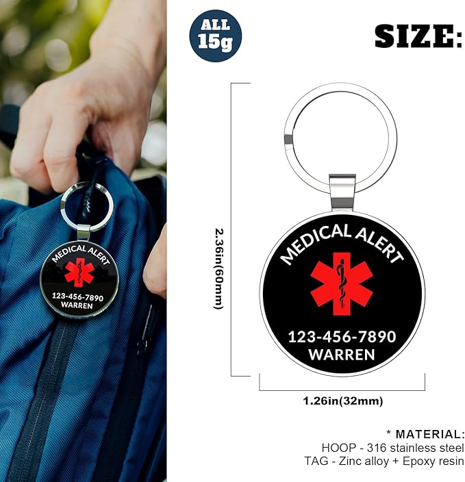 DISONCARE QR Code Medical Alert Tag, Custom Medical ID with Online Profile for Emergency Contact & Health Info – For Allergies, Diabetes, Autism & More(Black)