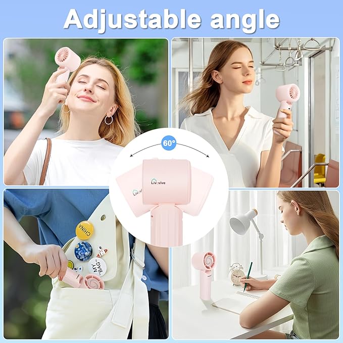 Handheld fan, adjustable blowing angle, mini portable turbo fan, USB Type-C rechargeable, infinitely variable speed high-speed personal fan, 11 Hours Battery Life (Pink)