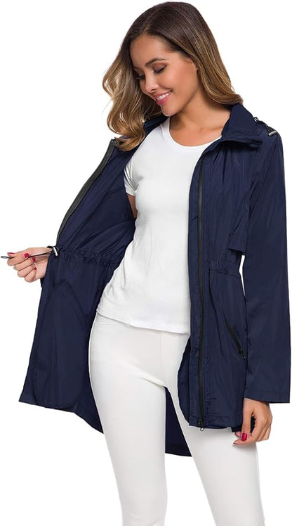 Avoogue Women's Long Raincoat with Hood Outdoor Lightweight Windbreaker Rain Jacket Waterproof