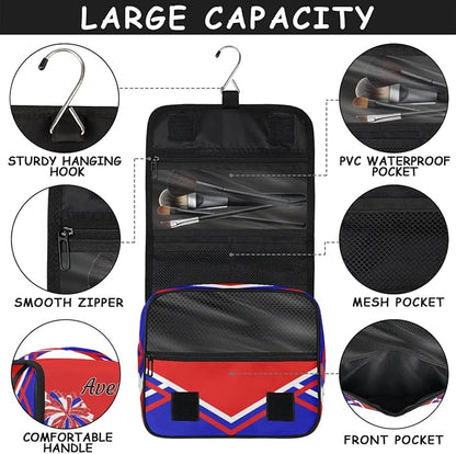 Custom Name Toiletry Bag Travel Bag with Hanging Hook, Makeup Cosmetic Bag Travel Full Sized Container Organizer for Shampoo, Toiletries. Red Royal Blue Black Cheerleader Silhouette