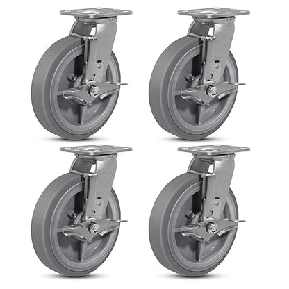 8"x2" Rubber Wheels (Flat Tread)- Heavy Duty Casters, Industrial Caster Wheels- Set of 4 with up to 4800 LB Capacity- Use for Dollies, Workbench(4 Brake)