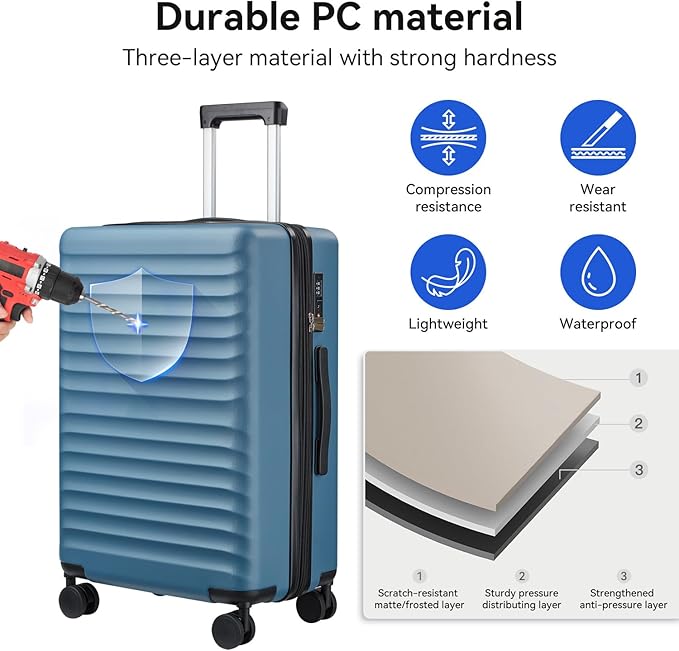 Travel Suitcase Sets 3 Piece, Expandable Hardshell Luggage Sets 3pcs with TSA Lock Spinner Wheels, Blue (20''/24''/28")