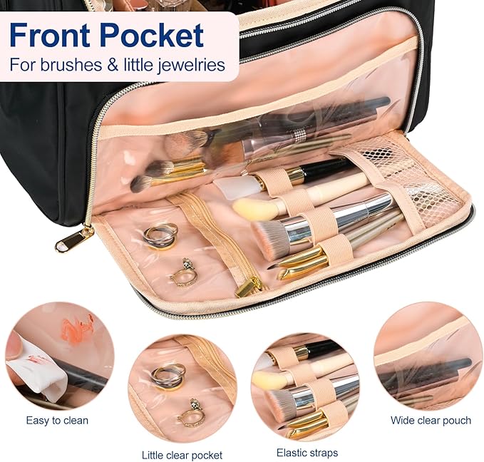 Travel Toiletry Bag Large Cosmetic Makeup Bag Organizer for Women,Wide-open Make Up Bag Waterproof Makeup Case Travel Bag with Handle and Dividers for Toiletries,Essentials,Accessories,Black