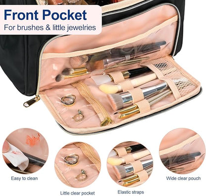 Travel Toiletry Bag Large Cosmetic Makeup Bag Organizer for Women,Wide-open Make Up Bag Waterproof Makeup Case Travel Bag with Handle and Dividers for Toiletries,Essentials,Accessories,Black