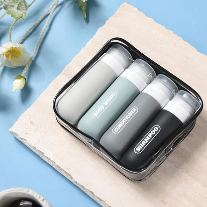 Silicone Travel Bottles for Toiletries with Labels, 3oz TSA Approved Squeezable Travel Size Containers, Leak Proof Travel Shampoo and Conditioner Bottles with Toiletry Bag (4 Pack, Dark Color)