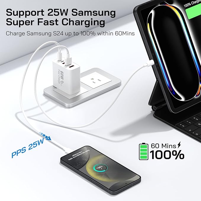 2Pack USB C Fast Charger Block, 60W 5-Port USB C Wall Charger with 6.6FT USBC to USBC Cord, 2USB C+3USB A PPS/PD 3.0 Multiport Charging Cube for iPhone 17 16 15 Pro Max,for Galaxy S25 S24 Ultra,i Pad