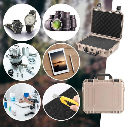 1 Pcs 14.3 x 11.4 x 4.5 Inch Waterproof Hard Case with DIY Customizable Foam Insert Portable Protective Case with Knife for Camera Drones Equipments Tools Test Instruments (Tan)