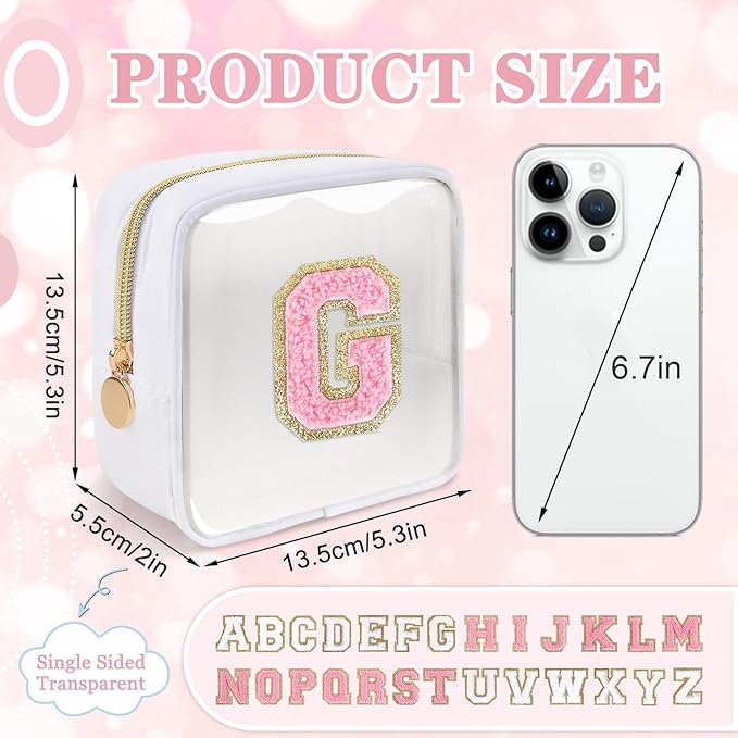 Mini Clear Personalized Initial Makeup Bag,Nylon Preppy A-Z Chenille Letter Patch Zipper Cosmetic Bag, Small Cute Beach Pouch Travel Purse Sanitary Napkin Storage Bag for Women Girls(White-Pink G)