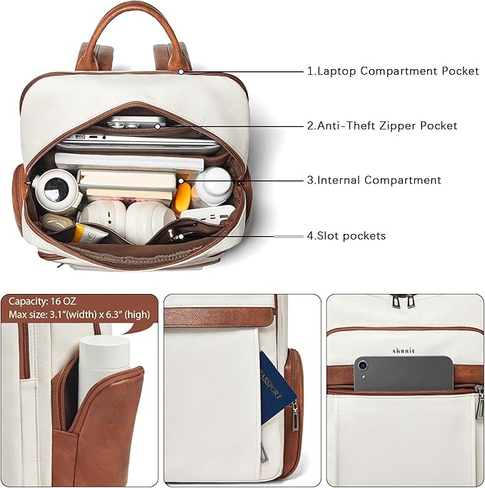 Shrrie Leather Laptop Backpack for Women with 17 inch Vegan Leather Computer Backpack Purse for Travel College Work