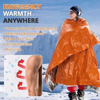 SecuCaptain Survival Emergency Thermal Blankets: Thicken 28um Space Mylar Blanket Kit for Outdoor Cold Winter Camping, Hiking, Car Bug Out Bag, or First Aid - Orange 4 Pack