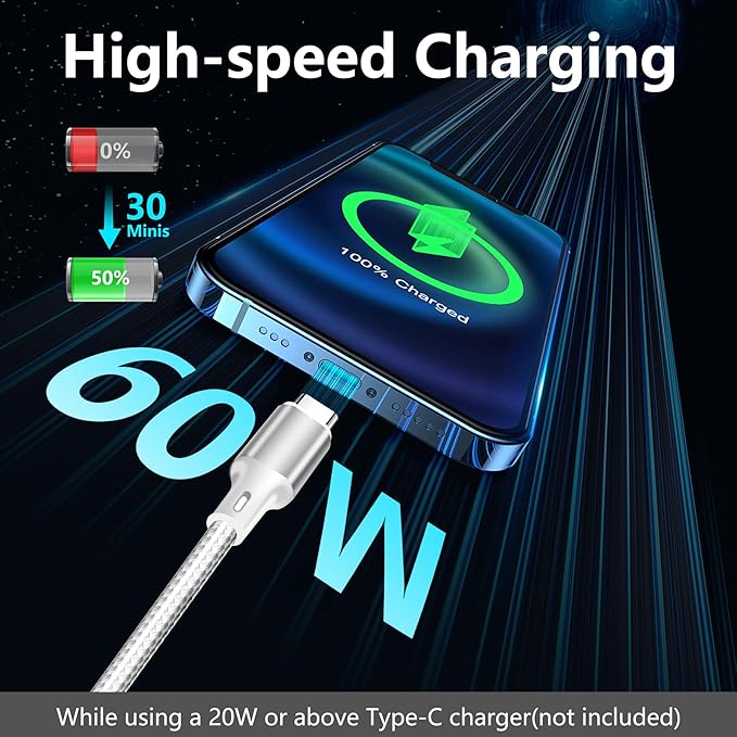 cugunu USB C to USB C Charger Cable, 3Pack 60W 6.6FT Type C Fast Charging Cord Compatible for iPhone 15/16/17/Pro/Max/Plus, iPad, MacBook-Silver